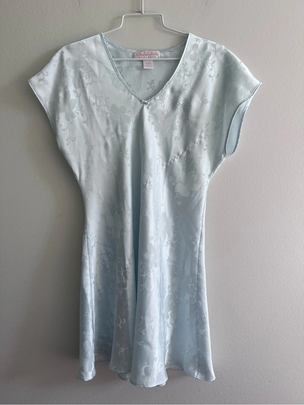 Vintage Oscar de la Renta Light Blue Floral Satin Nightgown Size Small